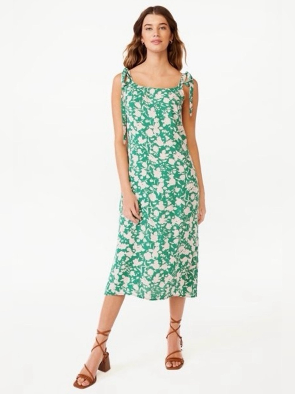 Free Assembly Green Pink Floral Tie Shoulder Midi Slip Dress Size Medium